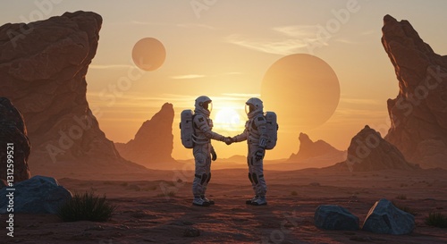 Two man astronauts handshake on alien planet with surreal landscape for future of exploration, space program, extraterrestrial travel and scientific discovery