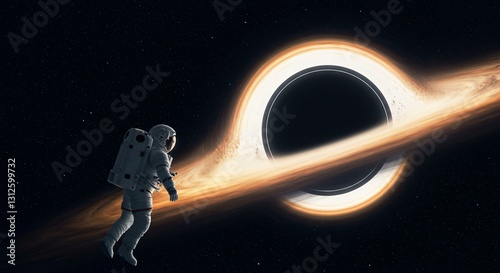 Caucasian man in spacesuit levitates near black hole accretion disk, experiencing exploration odyssey, in deep universe for science or astronomy presentation