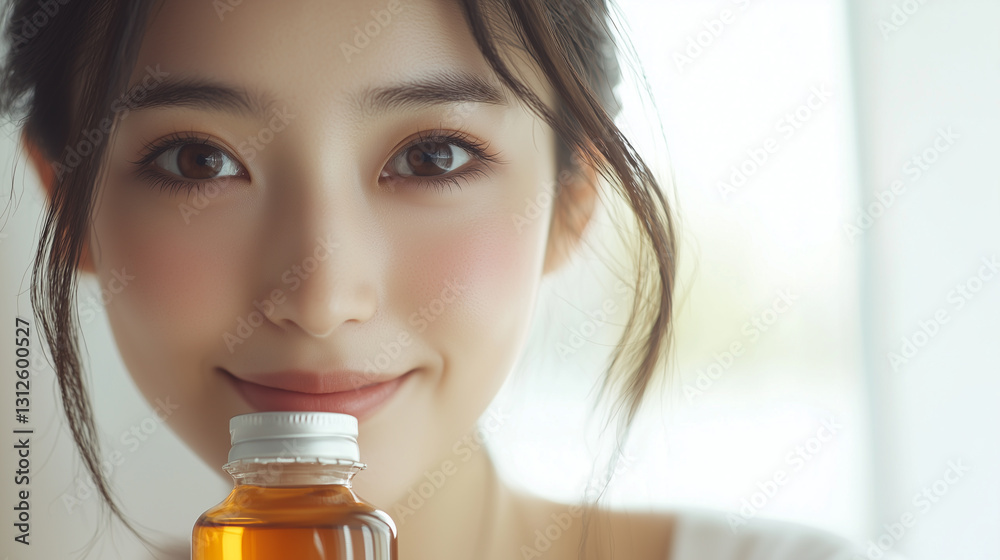 Smiling young Asian woman with glowing skin holding a skincare oil bottle