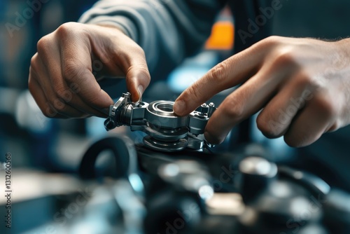 Close-up of hands carefully assembling a metallic industrial component, showcasing precision engineering.