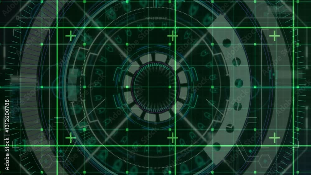 Animation of futuristic digital interface with circular patterns and green grid lines Animation of futuristic digital interface with circular patterns and green grid lines
