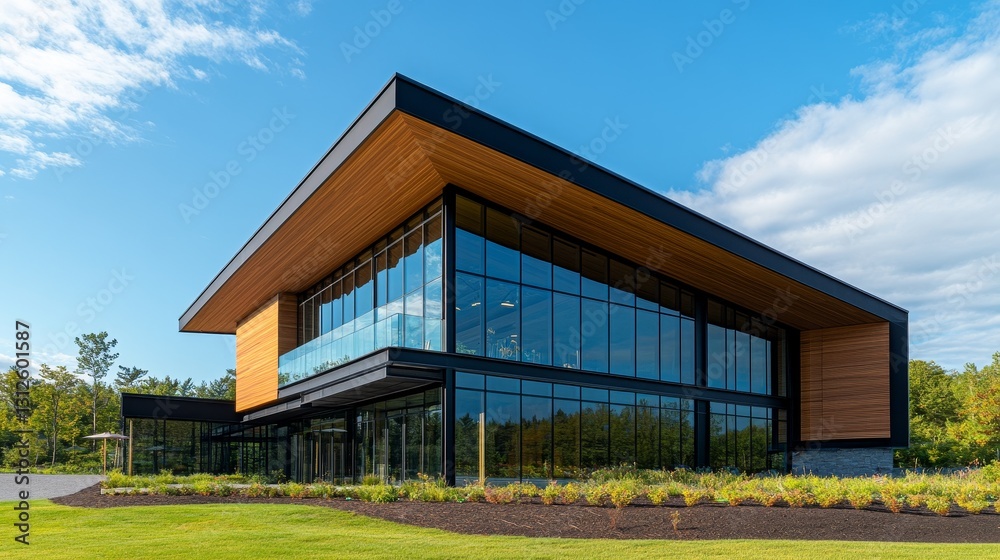 Obraz premium Modern architectural building with large glass windows surrounded by landscaped greenery