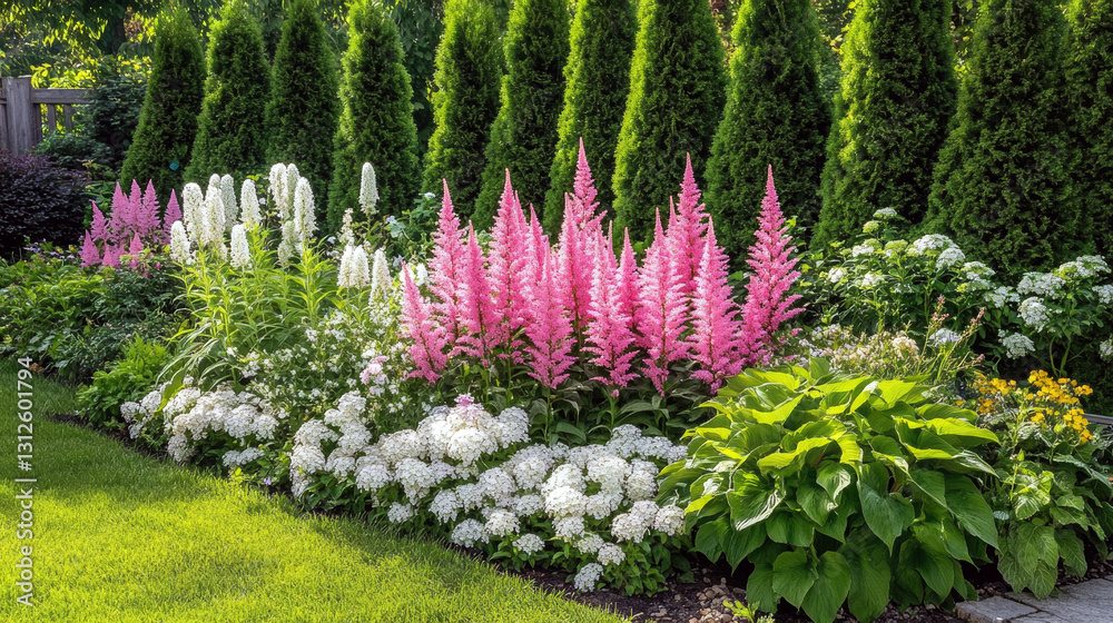 Obraz premium Vibrant garden with pink and white flowers surrounded by lush greenery and evergreen trees.