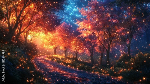 Magical forest path glowing fireflies autumn trees