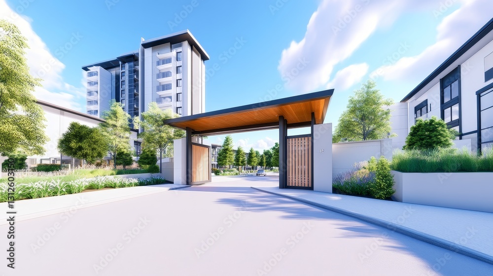 Modern residential entrance with sleek architecture, lush landscaping, and clear blue sky