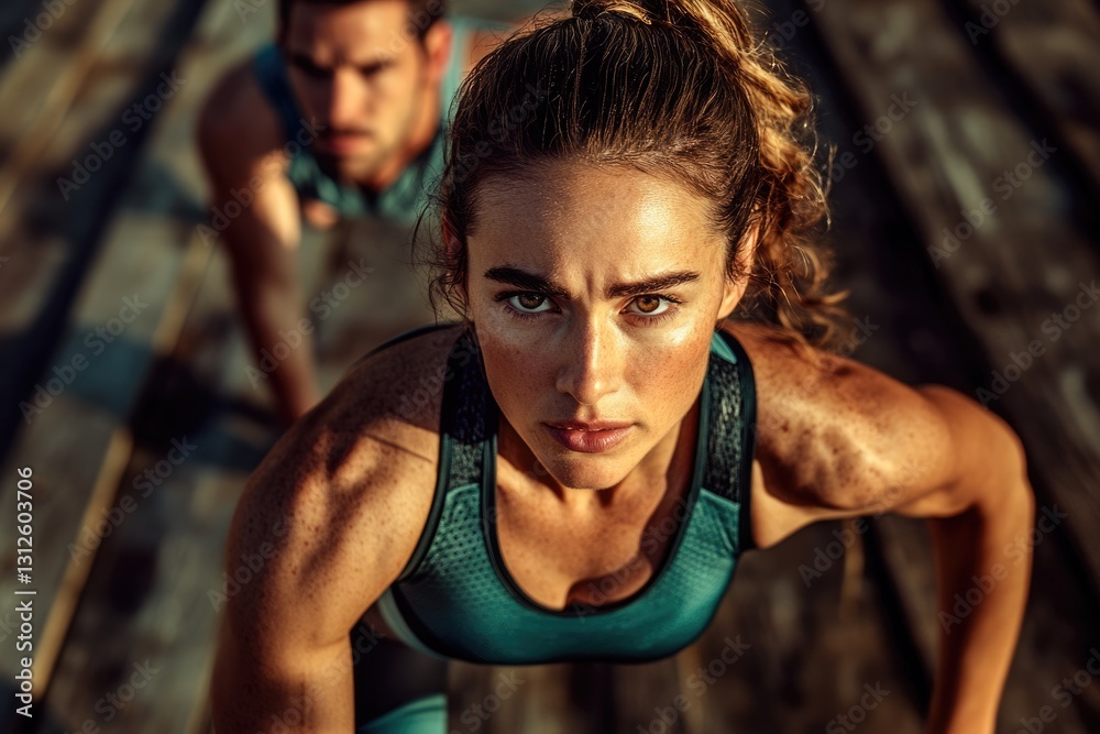 Fototapeta premium Determined female athlete intensely focused, preparing for a workout with a male partner blurred in the background.
