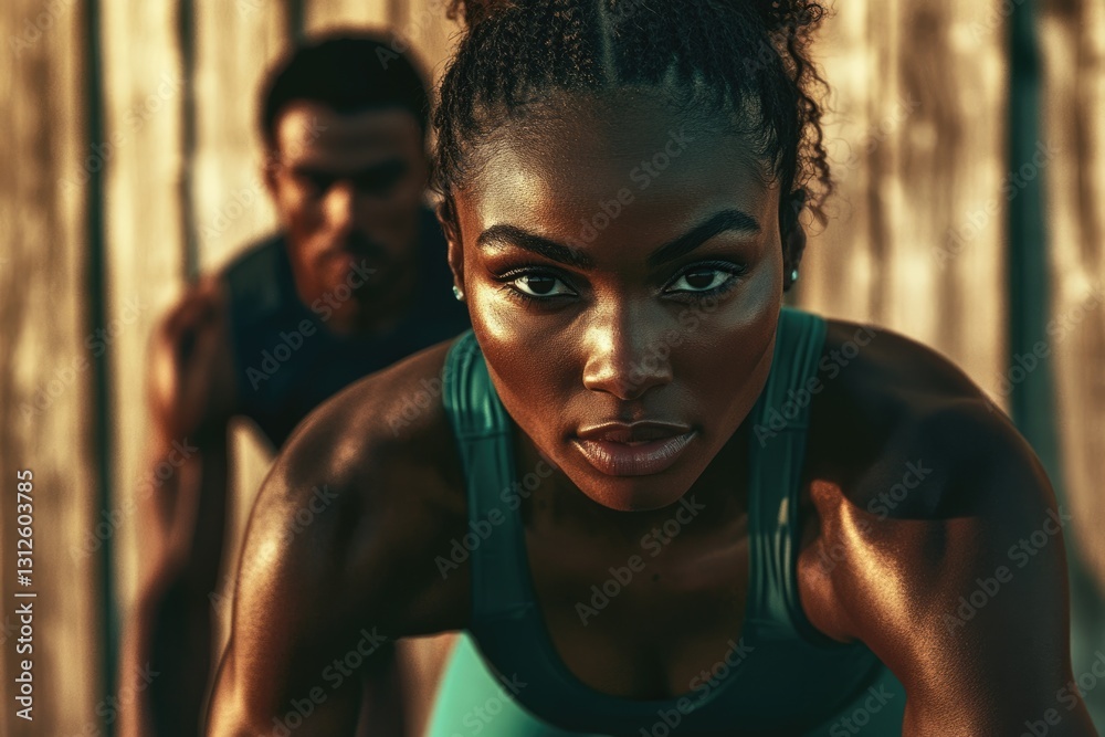Determined female athlete in focus, with a blurred male runner in the background, showcasing strength and teamwork. Determined female athlete in focus, with a blurred male runner in the background, showcasing strength and teamwork.