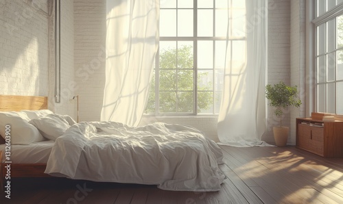 Minimalist bedroom with soft white bedding, wooden accents, and bright natural light streaming through large windows.