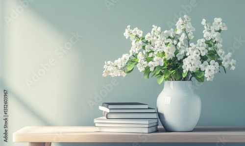 Minimalist coffee table with elegant flower arrangements, neatly stacked books, and soft natural light creating a peaceful vibe.