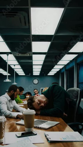 Office meeting turns sleepy as colleagues succumb to drowsiness under fluorescent lights