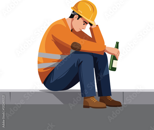 A construction worker in an orange safety vest sitting on a ledge, appearing distressed while holding a green bottle in flat vector illustration