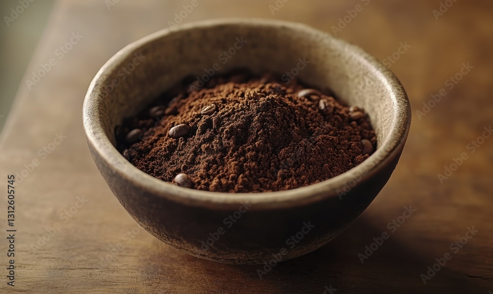 Rustic bowl of freshly ground coffee beans placed on a wooden surface, softly illuminated to emphasize their earthy tones and bold texture Rustic bowl of freshly ground coffee beans placed on a wooden surface, softly illuminated to emphasize their earthy tones and bold texture