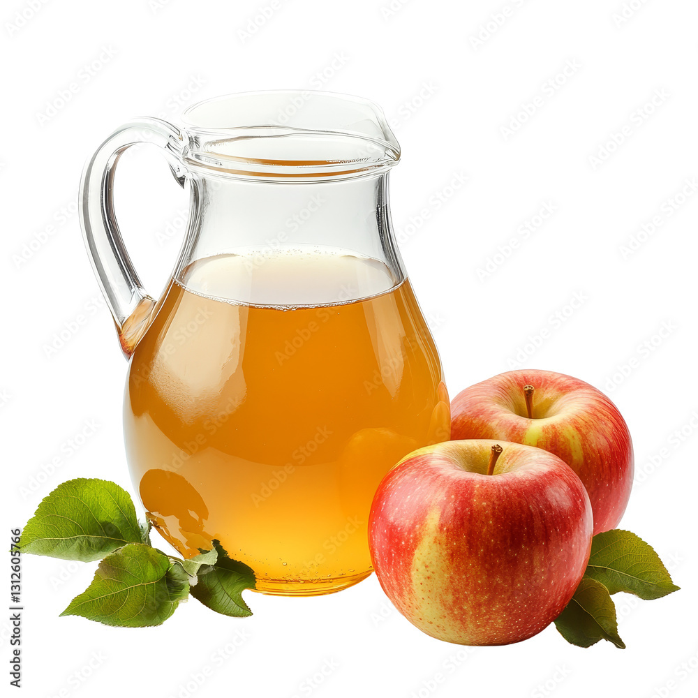 Fresh apple juice in a glass jug with red apples on a transparent background, A jug of apple juice with red apples isolated on transparent background