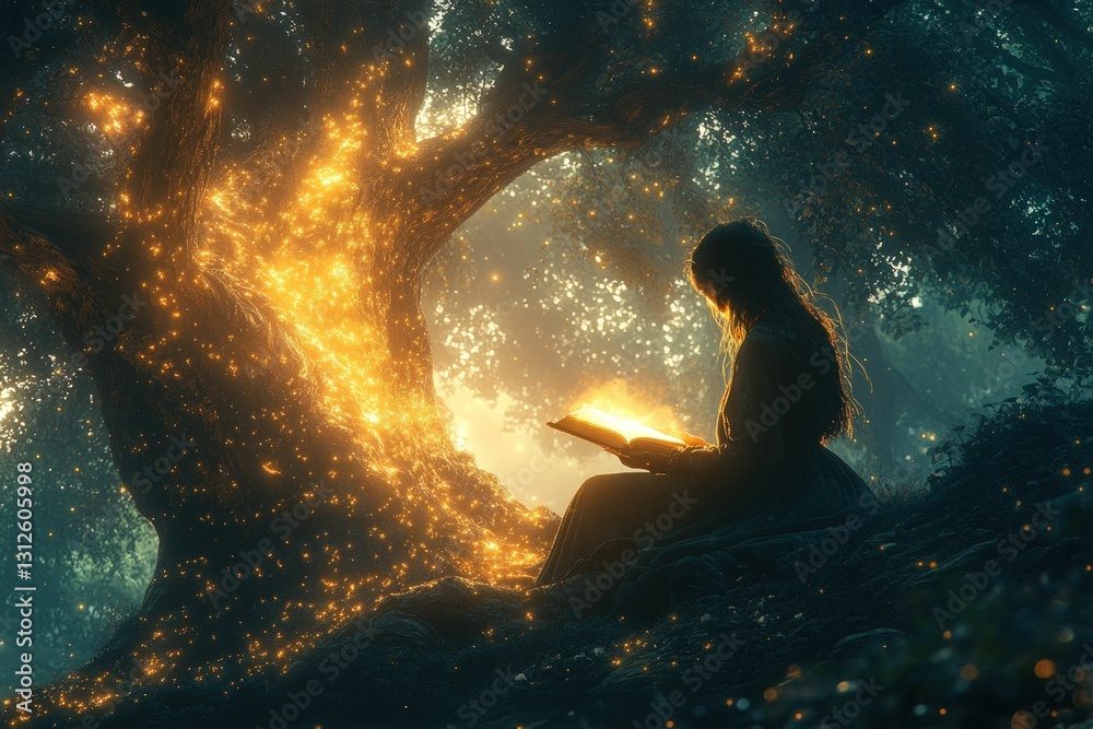 Woman reads glowing book beneath mystical tree Woman reads glowing book beneath mystical tree