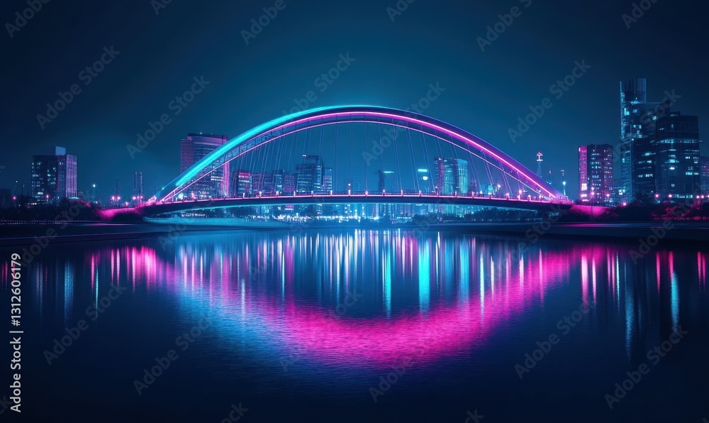 Futuristic city skyline glowing with neon pink and blue lights, reflecting on a sleek modern bridge over a calm river . Futuristic city skyline glowing with neon pink and blue lights, reflecting on a sleek modern bridge over a calm river .