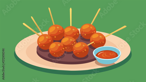Spicy mini meatballs served on toothpicks with a zesty dipping sauce on the side.. Vector illustration