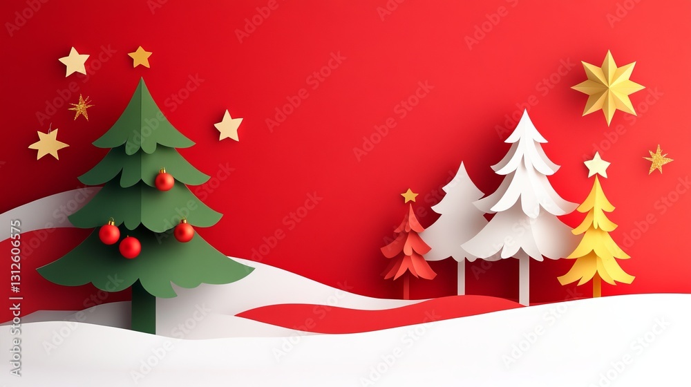Festive Paper Christmas Trees - Colorful paper Christmas trees on a red background with snow drifts. Perfect for holiday cards and decorations. Festive Paper Christmas Trees - Colorful paper Christmas trees on a red background with snow drifts. Perfect for holiday cards and decorations.