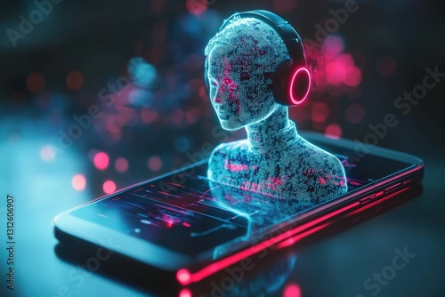 Hologram of woman wearing headphones listening to music on smartphone