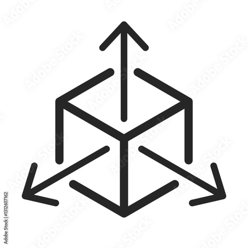 Icon for engineering 3D modeling and prototyping, featuring geometric plans and dimensions. Vector symbol, sign for web and app with outline editable thin line stroke