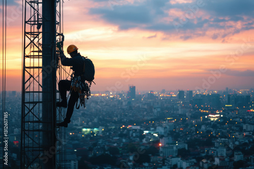 High-altitude worker scaling a transmission tower with safety harness during twilight overlooking the city lights