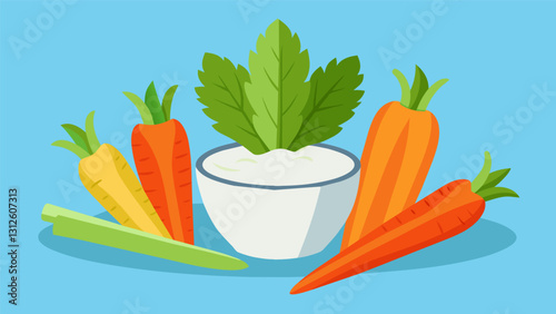 Raw carrots celery and bell peppers served with a side of Greek yogurt ranch dip for a lowcalorie nutrientdense snack.. Vector illustration