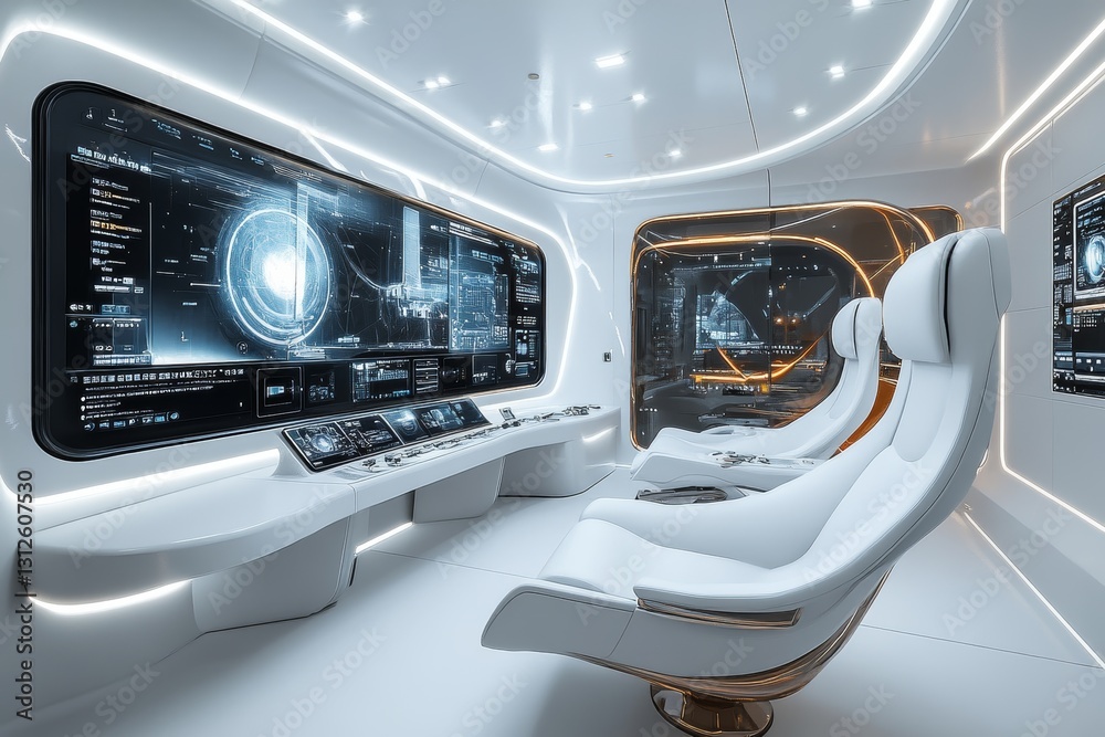 Fototapeta premium Futuristic Spaceship Bridge Command Center - Sleek white spaceship bridge interior with advanced technology displays and comfortable ergonomic seating. Perfect for science fiction or technology concep
