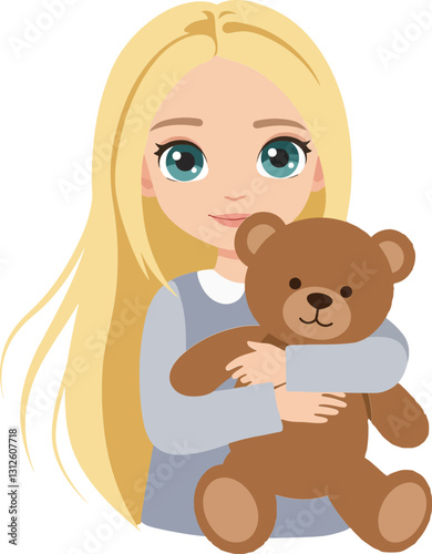 A young girl with long blonde hair gently hugging a brown teddy bear in a flat and cheerful vector illustration