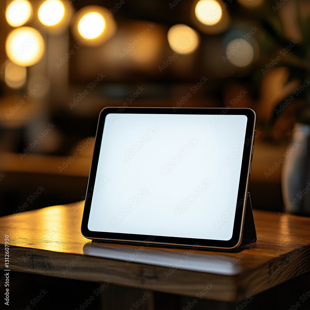 A small tablet with white mock up screen on a wooden table in a modern hotel A small tablet with white mock up screen on a wooden table in a modern hotel