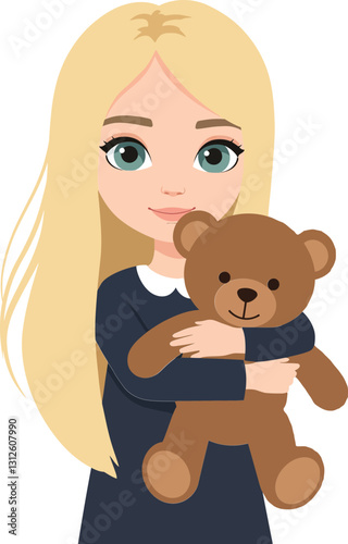 Girl with long blonde hair smiling while holding a brown teddy bear in a flat vector illustration