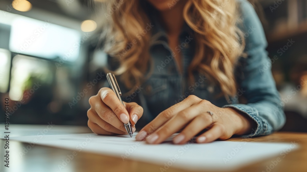 Young blonde woman writing notes on paper with pen, working or studying in cafe Young blonde woman writing notes on paper with pen, working or studying in cafe