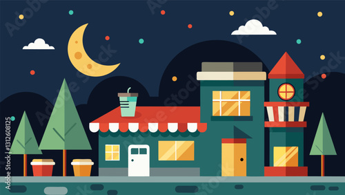 The sleepy town came to life at night thanks to the popular latenight snack bar serving hot slices of pizza and cups of steaming hot chocolate.. Vector illustration