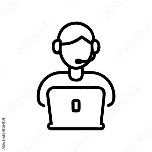 Online help desk icon featuring a person with headset and laptop providing support
