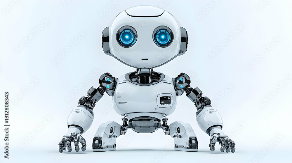 Small White Robot with Blue Eyes on White Background Small White Robot with Blue Eyes on White Background