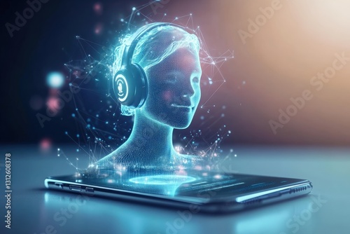 Hologram of human head listening to music with headphones coming out of smartphone