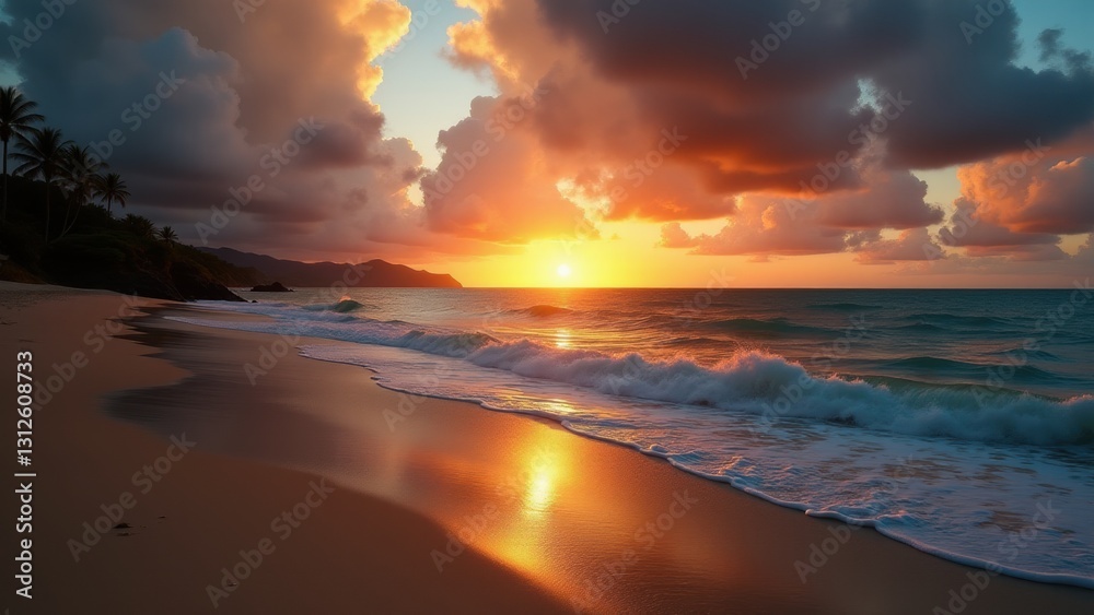 Obraz premium Glowing colors of golden sunset drape majestic ocean painting the sky in soft brilliance