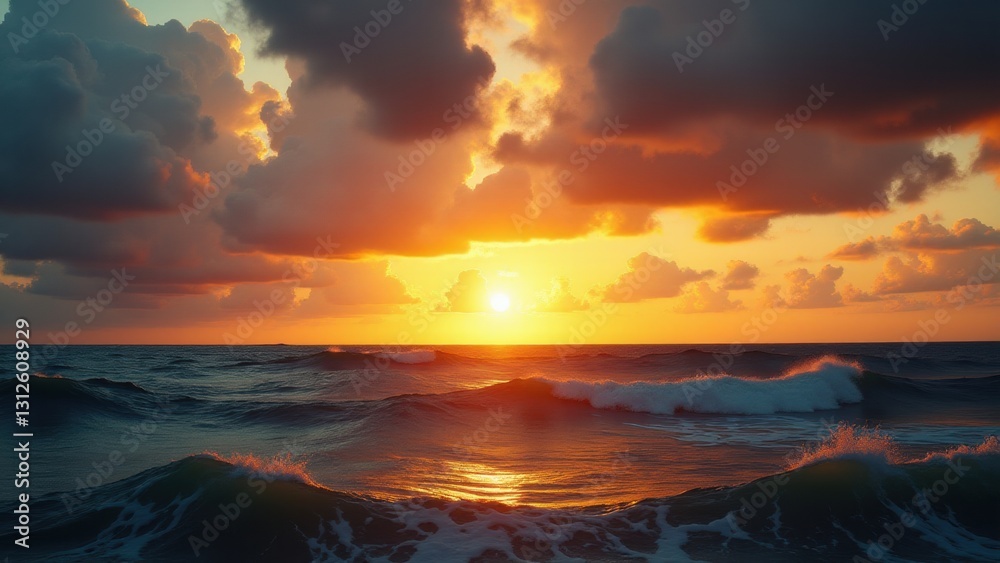 Poetic stillness on majestic ocean is crowned by golden sunset illuminating distant waters Poetic stillness on majestic ocean is crowned by golden sunset illuminating distant waters