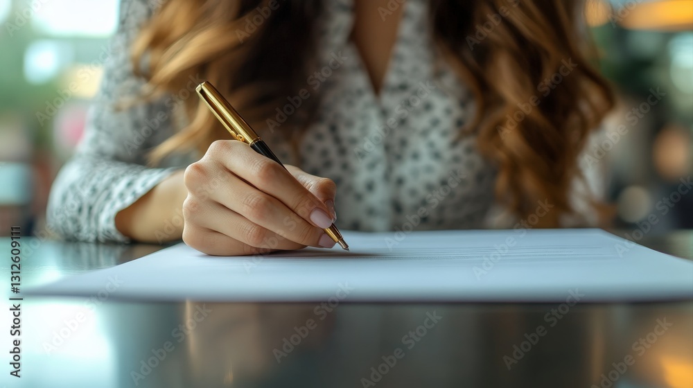 Businesswoman writing signature on contract using golden pen Businesswoman writing signature on contract using golden pen