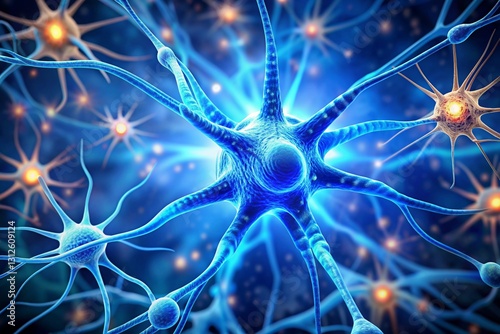 Nerve cell blue color banner, system neuron of brain with synapses. Medicine biology background