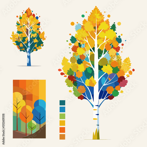  QUAKING ASPEN tree colorful image with a white background. two types of pictures in the same artboard