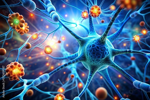 Nerve cell blue color banner, system neuron of brain with synapses. Medicine biology background