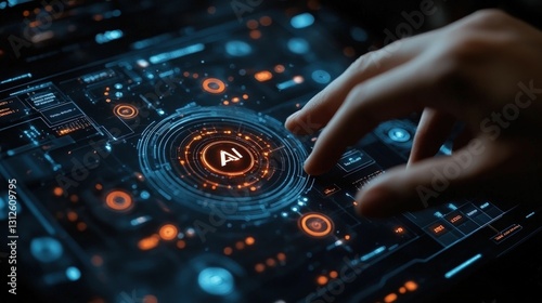 Photos Finger activates futuristic AI interface glowing orange blue