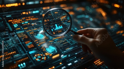 Magnifying glass reveals digital data chart