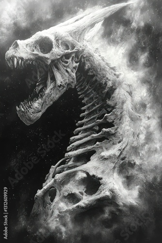 Ancient dragon skull, ethereal smoke, dark background.