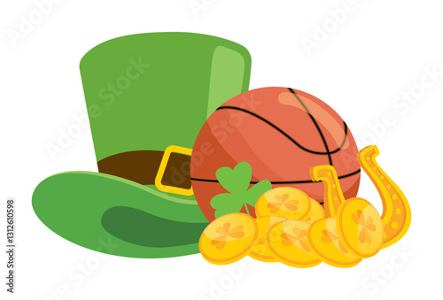 Happy St. Patrick's Day - basketball ball, hat, gold coins, horseshoe, shamrock,, leprechaun - lucky vector graphics - sport	
