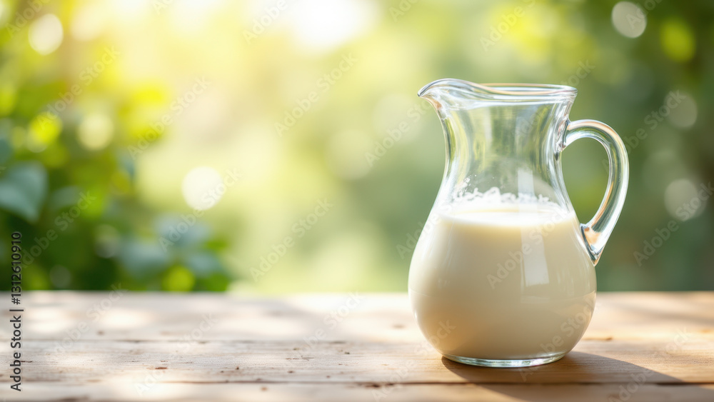 Glass bottle filled with creamy white liquid sitting on wooden table. Glass bottle filled with creamy white liquid sitting on wooden table.
