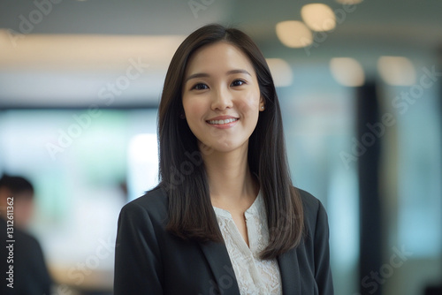 Professional individual smiles confidently in an office setting during daylight hours