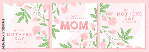 Mother's Day cards set. Spring summer floral design in pastel colors. Vector illustration for banner, poster, label, template, sale.