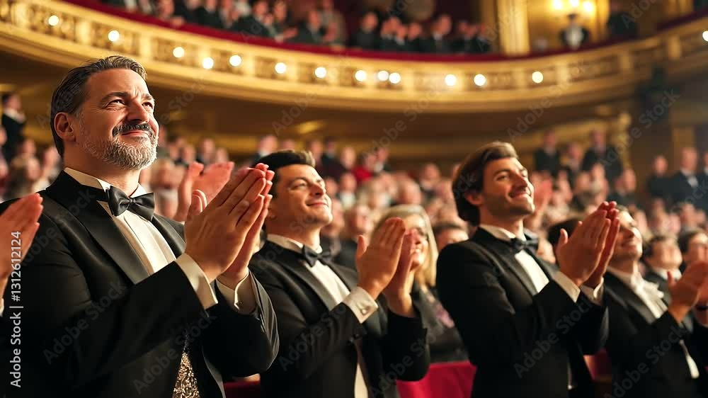 Elegant opera house audience members rise to give a standing ovation. Their expressions show awe and deep appreciation for the breathtaking performance.