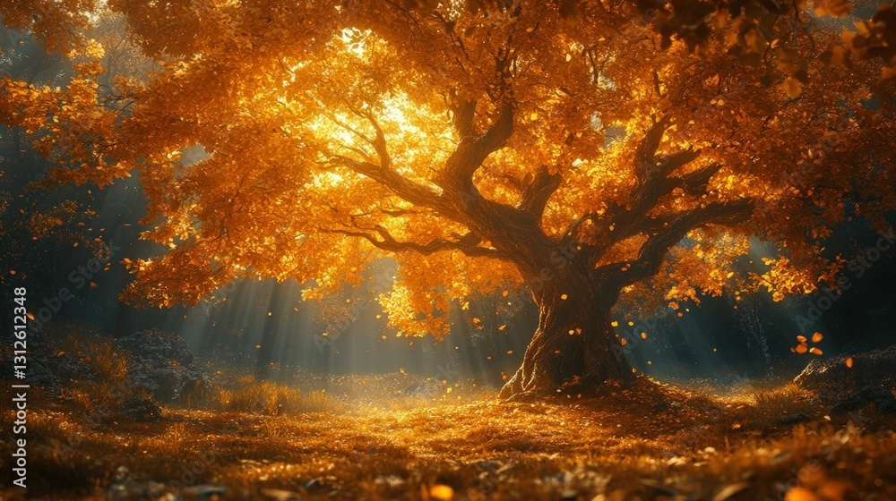 Golden autumn tree bathed in sunlight, leaves falling. Golden autumn tree bathed in sunlight, leaves falling.