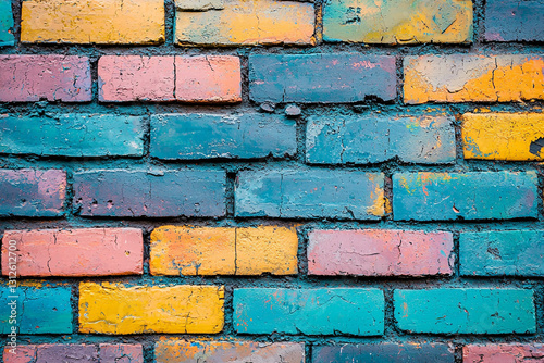 Colorful brick wall with vibrant hues in an urban setting